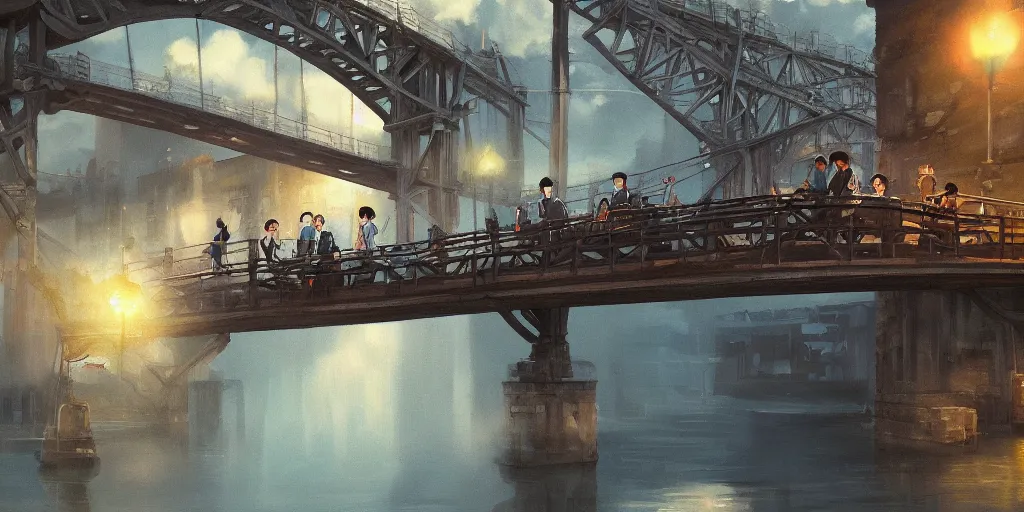 Prompt: a bridge, cinematic angle, studio Ghibli, cinematic lighting, digital art, detailed oil painting, hyperrealistic, 8k