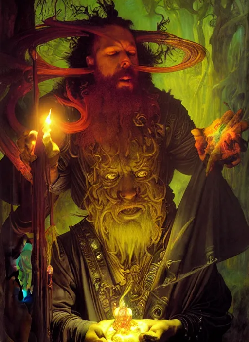 Image similar to wizard casting acid splash, dnd character art portrait, intricate fantasy painting, dramatic lighting, vivid colors by edgar maxence and caravaggio and michael whelan and delacroix.