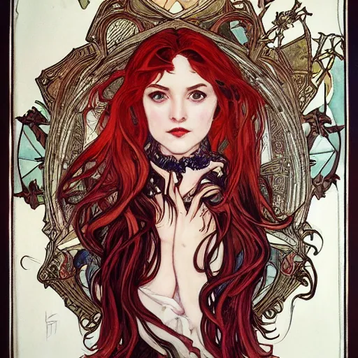 Image similar to in the style of artgerm, arthur rackham, alphonse mucha, evan rachel wood, symmetrical eyes, symmetrical face, flowing red dress