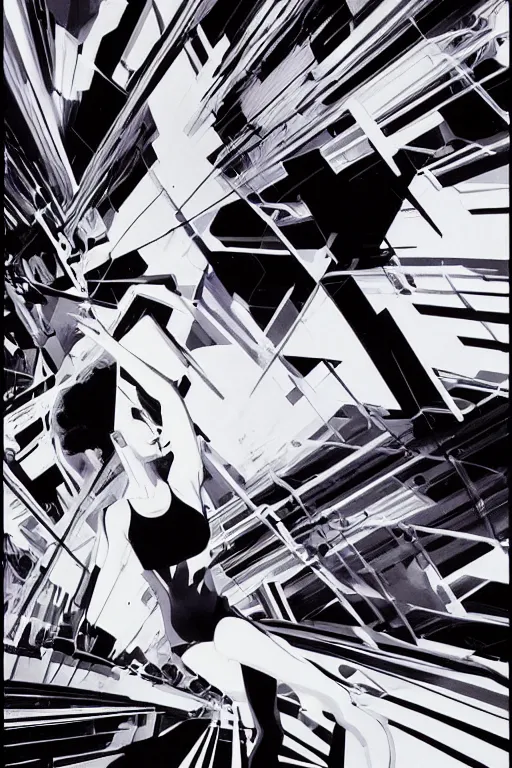 Prompt: wideangle action, a wild beautiful ballet techno dancer entangled by black tendrils of reality, madness, decoherence, synthwave, glitch!!, fracture, vortex, realistic, hyperdetailed, concept art, art by syd mead, cubism