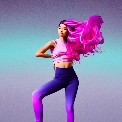 Image similar to a award winning full body shot of a beautiful woman in a croptop and leggings with a ombre purple pink teal hairstyle with head in motion and hair flying, outrun, vaporware, highly detailed, fine detail, intricate