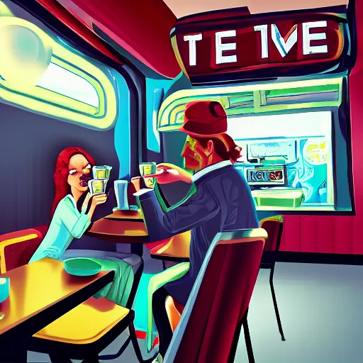 Prompt: time traveler from the past in a diner drinking a cup of coffee with an alien , 4k digital art