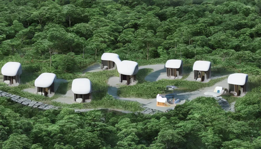Image similar to A wide image of an eco-community neighborhood of innovative contemporary 3D printed prefab sea ranch style cabins with rounded corners and angles, beveled edges, made of cement and concrete, organic architecture, in a lush green eco community, Designed by Gucci and Wes Anderson, golden hour