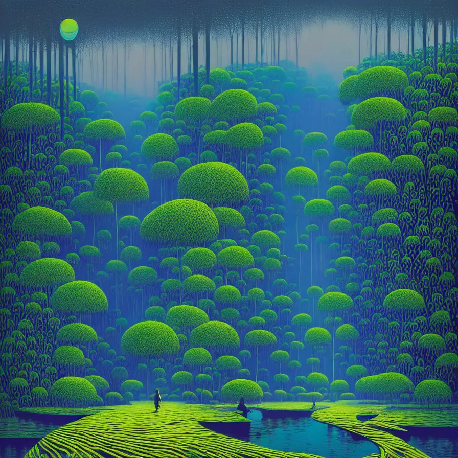 Prompt: surreal gediminas pranckevicius, river flow through borneo jungle, summer morning, very coherent and colorful high contrast art by james gilleard james gurney floralpunk screen printing woodblock, pointillism, dark shadows, pastel color, hard lighting, stippled light, art nouveau, film noir