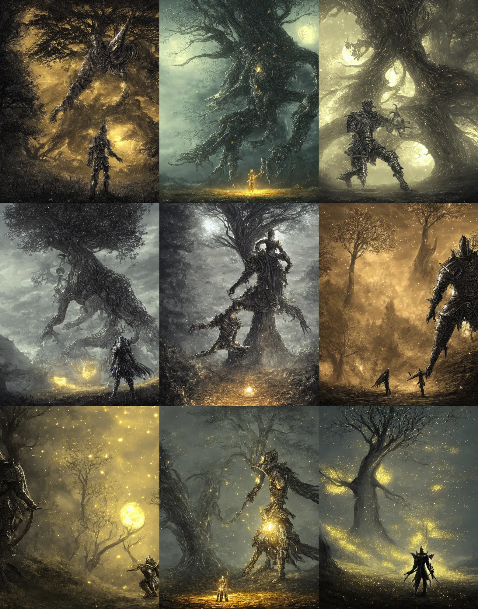 Prompt: a silvered armored knight on his knees, in front of a robust golden glowing tree, in the middle of a magic landscape full of fireflies, in the style of Kentaro Miura, digital art, trending on artstation, Dark Souls style, highly detailed, cinematic ambient lighting