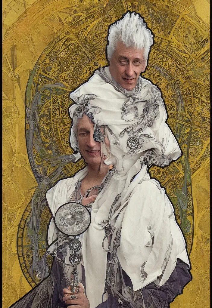 Image similar to realistic white - haired geoffrey hinton in a crown with neural networks on a tarot card, tarot in art style by alphonse mucha