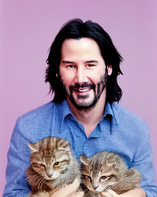 Image similar to “ head and shoulders glamour portrait of keanu reeves smiling at the camera and cradling a half dozen kittens in his arms, pastel colored background, high quality photo, photography, dreamy, 8 k, hd, hdr ”