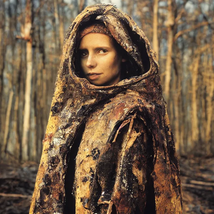 Image similar to closeup portrait of a woman wearing a cloak made of garbage and junk, standing in a burnt forest, by Annie Leibovitz and Steve McCurry, natural light, detailed face, CANON Eos C300, ƒ1.8, 35mm, 8K, medium-format print