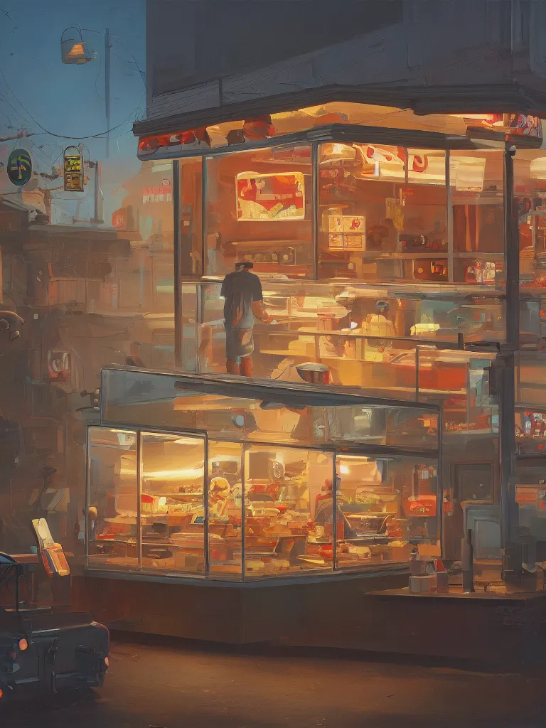Prompt: a little donutshop in a painting from stalenhag, 4 k, 8 k, hdr, artstation, concept art