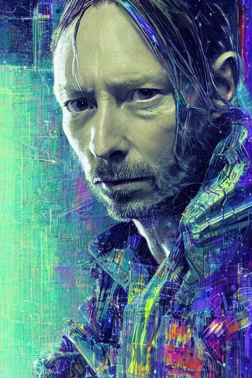Prompt: A portrait of Thom Yorke as a cyberpunk, iridescent highlights, background of digital greebles, highly detailed, intricate, soft, sci-fi, sharp focus, glowing lines, art by Ruan Jia