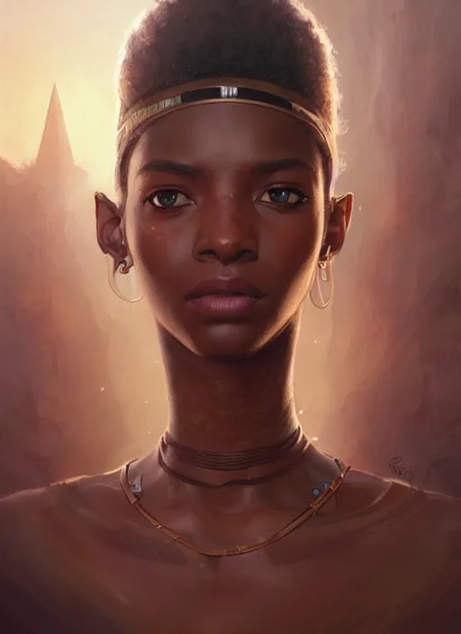 Image similar to highly detailed portrait of protagonist from futuristic movie, brown skin, egyptian design, adventure game, d & d, fantasy art by greg rutkowski, stanley artgerm, loish, rhads, tom bagshaw, global illumination, radiant light, detailed and intricate environment