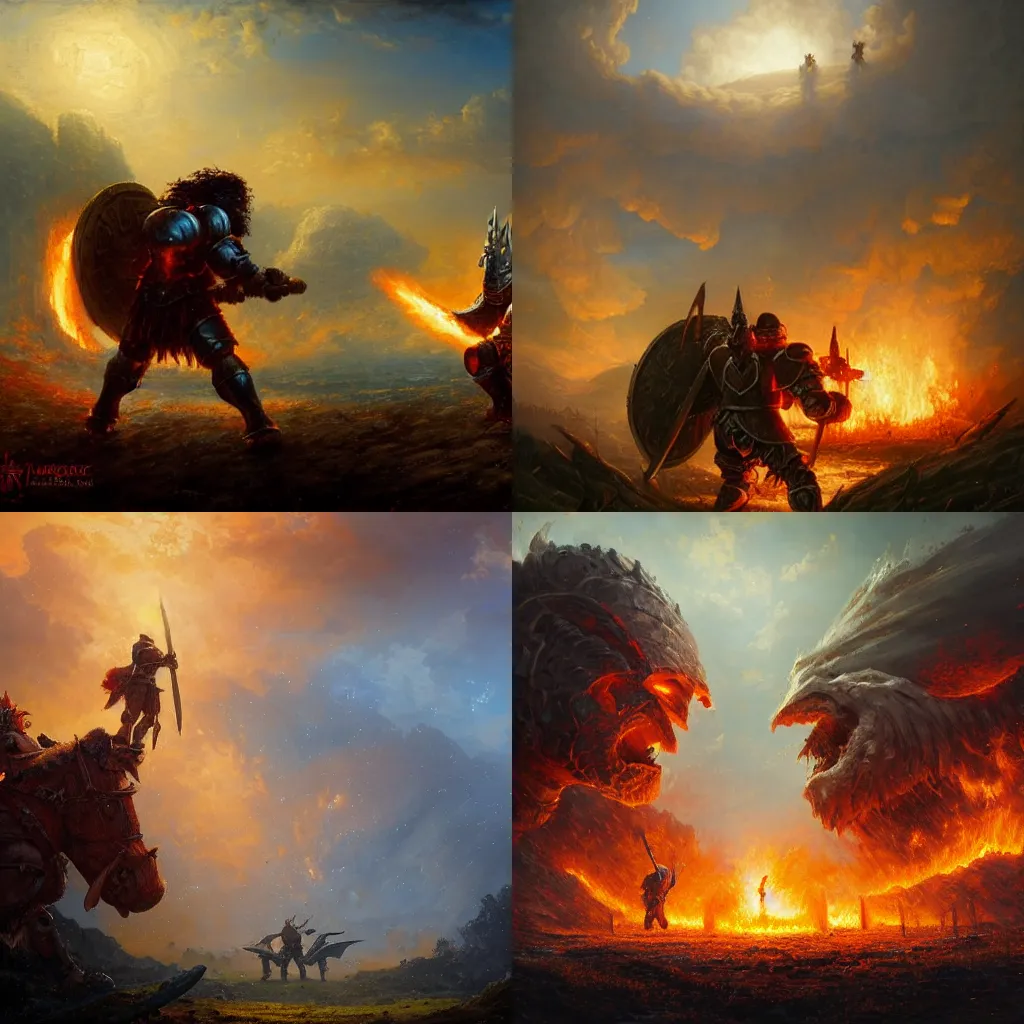 Prompt: masterpiece a lone knight knight knight in a wartorn field facing off against a fire giant fire giant fire giant, by Greg Rutkowski Thomas Kincade, detailed, 4k, cinematic, intense, gritty, fantasy