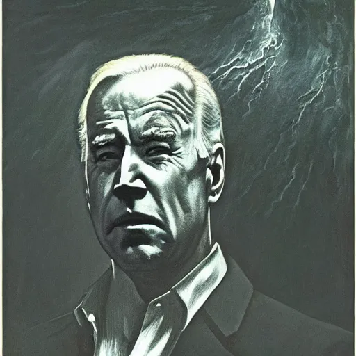 Image similar to terrifying, surreal portrait of joe biden standing up to his shoulders in turbulent, shadowy water by j. c. leyendecker, bosch, william blake, stephen gammell, jon mcnaughton, and beksinski