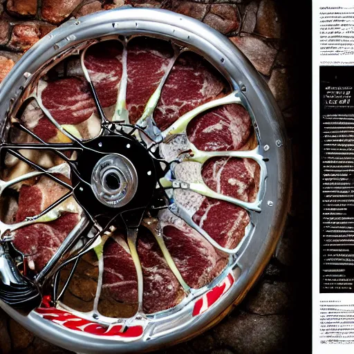 Prompt: meat cycle chimera, beef bike norco, flesh bicycle cannondale, glisten, oily, dripping, mechanical, professional food photography, high gloss magazine spread,