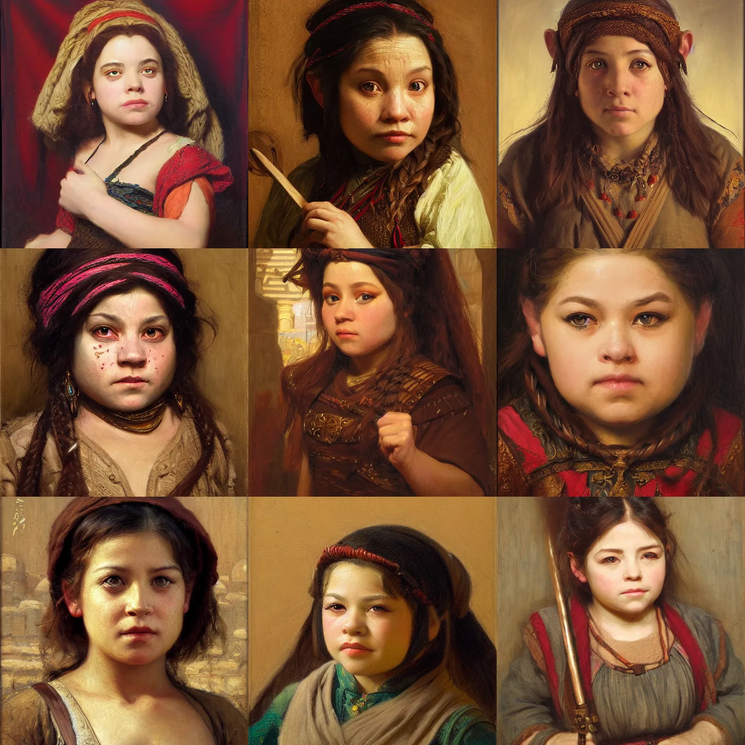 Prompt: orientalism face portrait of a cute female dwarf rogue by Edwin Longsden Long and Theodore Ralli and Nasreddine Dinet and Adam Styka, masterful intricate artwork. Oil on canvas, excellent lighting, high detail 8k