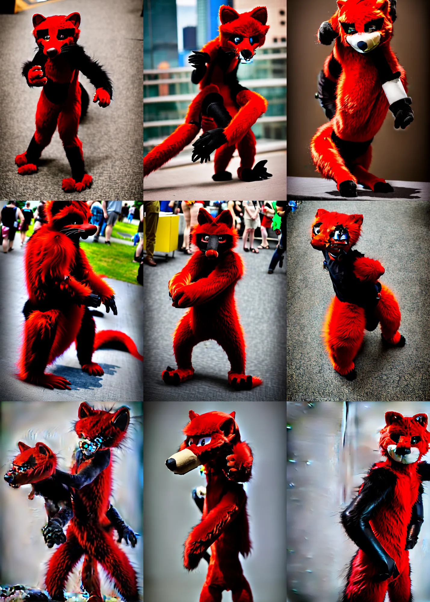 Image similar to fullbody photoshoot photo portrait of a roguish male red - black furred weasel furry fursuiter ( tail attached ), taken at anthrocon ( furry convention )