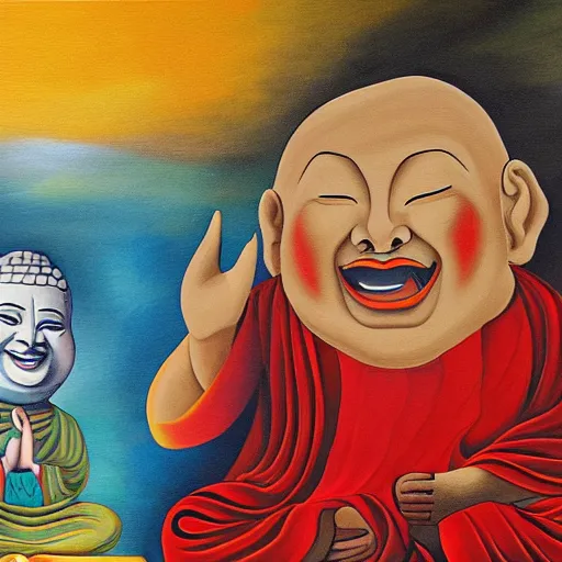 Image similar to painting of laughing buddha with cat