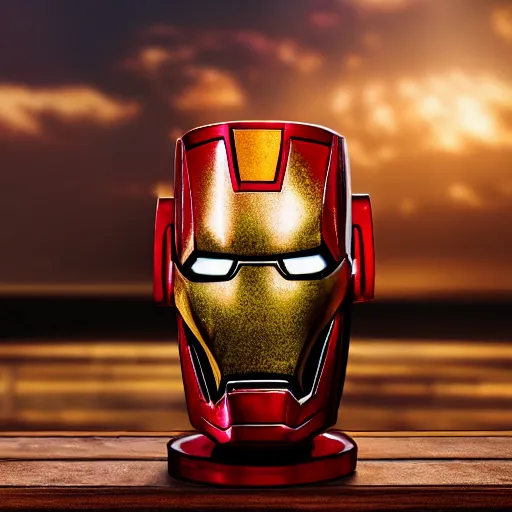 Image similar to a closeup photorealistic photograph of an iron man style tiki mug at a trader vic's beach bar featuring the face of iron man. tiki party. bright scene. fine detail. this 4 k hd image is trending on artstation, featured on behance, well - rendered, extra crisp, features intricate detail, epic composition and the style of unreal engine.