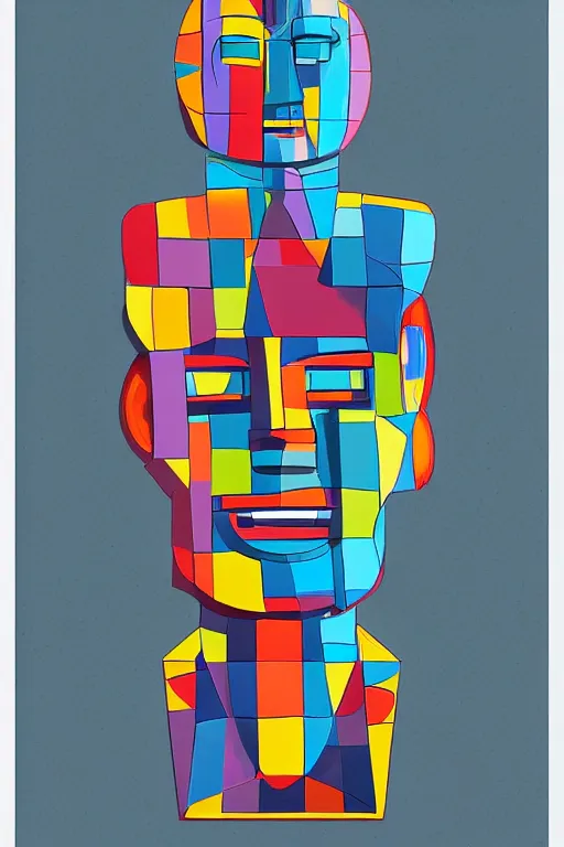 Image similar to cubist moai statue cutout digital illustration cartoon colorful beeple