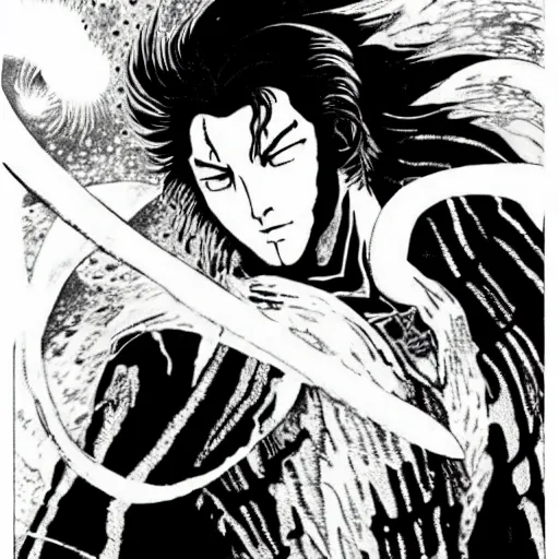 Image similar to black and white pen and ink!!!!!!! Yoshitaka Amano designed Guy Madison wearing cosmic space robes made of stars final form flowing royal hair golden!!!! Vagabond!!!!!!!! floating magic swordsman!!!! glides through a beautiful!!!!!!! Camellia!!!! Tsubaki!!! death-flower!!!! battlefield dramatic esoteric!!!!!! Long hair flowing dancing illustrated in high detail!!!!!!!! by Moebius and Hiroya Oku!!!!!!!!! graphic novel published on 2049 award winning!!!! full body portrait!!!!! action exposition manga panel black and white Shonen Jump issue by David Lynch eraserhead and beautiful line art Hirohiko Araki!! Rossetti, Millais, Mucha, Kentaro Miura, Jojo's Bizzare Adventure!!