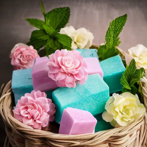 Image similar to beautiful and bright advertising, photography of a package of handmade mint chocolate scented soap blocks, wrapped in ribbons, sitting in a basket of flowers, studio quality, hdr 8 k photograph