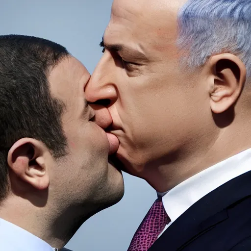 Image similar to benjamin netanyahu kissing naftali bennet, realistic, detailed