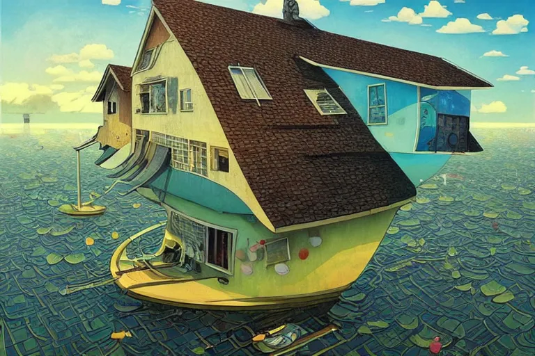 Prompt: surreal tokyo suburb, floating house in the sky, summer morning, very coherent and colorful high contrast, art by!!!! gediminas pranckevicius!!!!, geof darrow, dark shadows, hard lighting