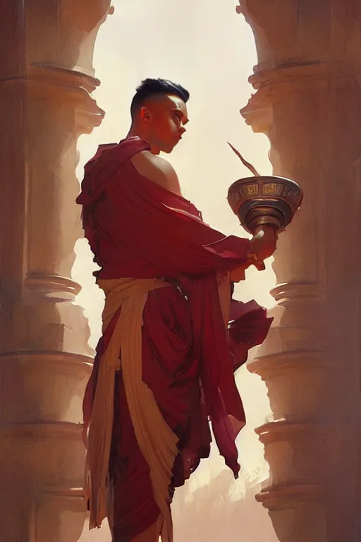 Image similar to male, temple, taoism, painting by greg rutkowski, j. c. leyendecker, artgerm