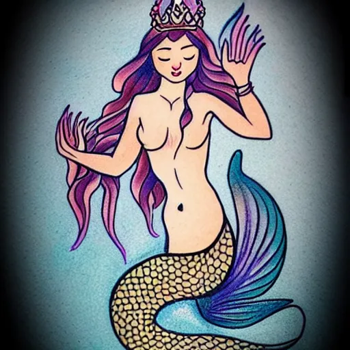 Prompt: a peaceful meditative mermaid wearing a crown, full body, highly detailed new school pinup tattoo design