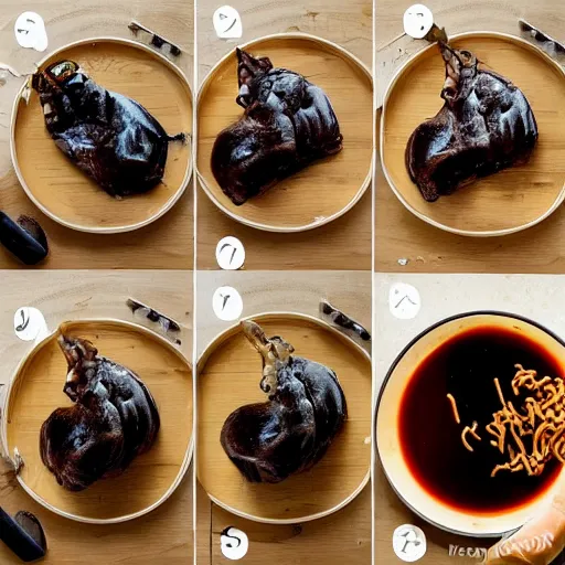 Image similar to making of an edible giraffe from noodles and soy sauce step by step, each step is a progression from the last, dslr