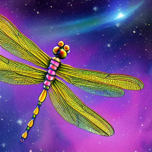 Image similar to a beautiful cosmic dragonfly, high detail, realistic, dreamy, 4K, award-winning, pretty