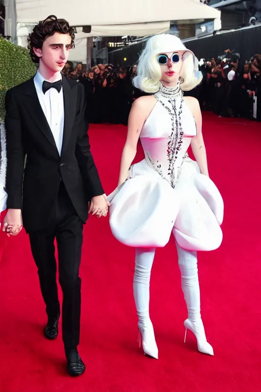 Image similar to timothee chalamet and lady gaga holding hands on the red carpet, beautiful detailed faces, canon eos