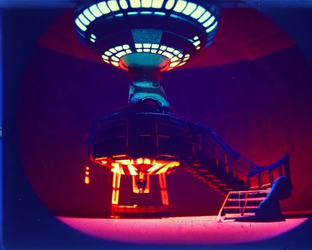 Image similar to low angle shot of a space station at night, aquatic plants, coral, shabby chic, cinematography by Jim Jarmusch, composition by Moebius, in the style of Lin Xiao, set design by Antonin Gaudí, 35mm, polaroid, color film photography, soundtrack by Pink Floyd, written by James Joyce