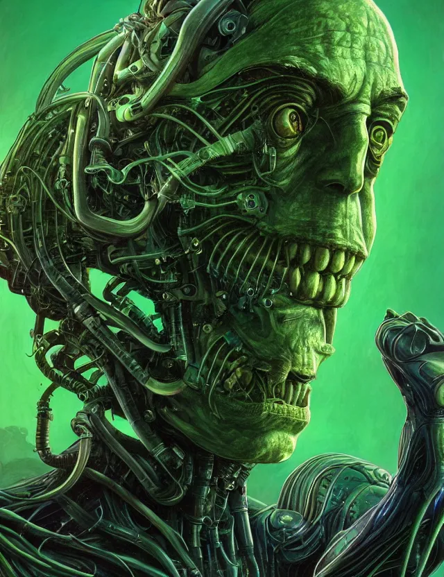 Prompt: a portrait of elon musk with green skin and mechanical gills, by moebius and tyler edlin and hr giger, trending on artstation, digital art, 4 k resolution, detailed, high quality, sharp focus, hq artwork, coherent, insane detail, concept art