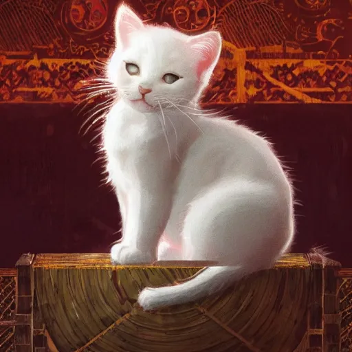 Image similar to A cute white kitty cat posing like a maneki neko cat, D&D, fantasy, intricate, cinematic lighting, highly detailed, digital painting, artstation, concept art, smooth, sharp focus, illustration, art by Akihiko Yoshida, Greg Rutkowski and Alphonse Mucha