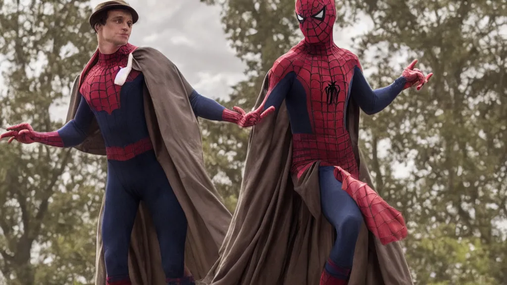 Image similar to victorian era spiderman wearing a cape in the new pride & prejudice movie, movie still realistic, 8 k