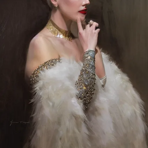 Image similar to hyperrealistic portrait of a woman as amber heard touching neck noir white swan dress wearing sapphire jewellery with long feather collar by jeremy mann and alphonse mucha, fantasy art, photo realistic, dynamic lighting, artstation, poster, volumetric lighting, very detailed faces, 4 k, award winning