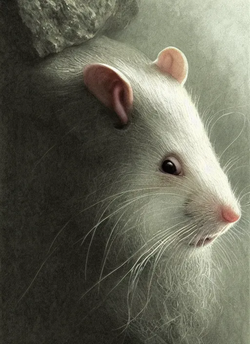 Image similar to portrait of a white rat as a hobbit, by alan lee, lord of the rings, smooth, oil painting, matte painting, concept art, trending on artstation, promotional artwork, film still, elegant, photorealistic facial features, intricate, detailed face, cinematic lighting