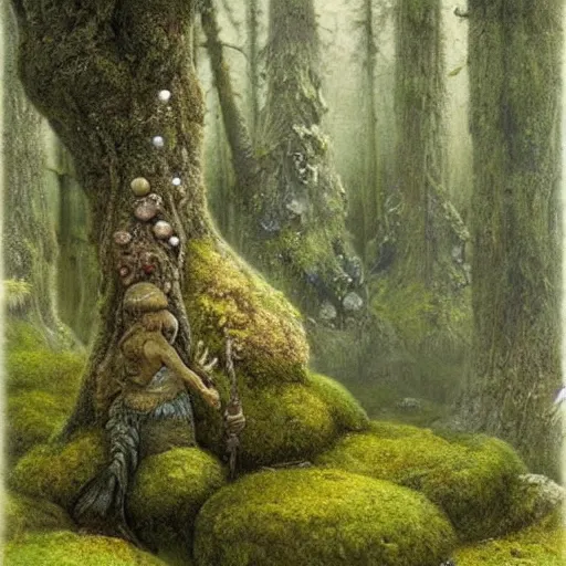 Image similar to moss - clad troll stone, mushrooms, mysterious forest, epic, fantasy, intricate, hyper detailed, artstation, concept art, smooth, painting by john bauer