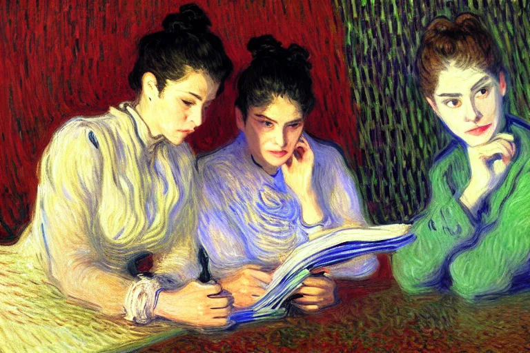 Image similar to portrait of two wise and very beautiful women discussing some texts appearing in a computer screen, art by monet, intricate, elegant, highly detailed, smooth, sharp focus, artstation