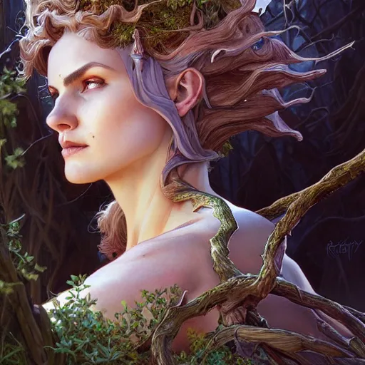 Image similar to Mischievous Dryad as Guardian, western, closeup, D&D, fantasy, intricate, elegant, highly detailed, digital painting, artstation, concept art, matte, sharp focus, illustration, art by Artgerm and Greg Rutkowski and Alphonse Mucha