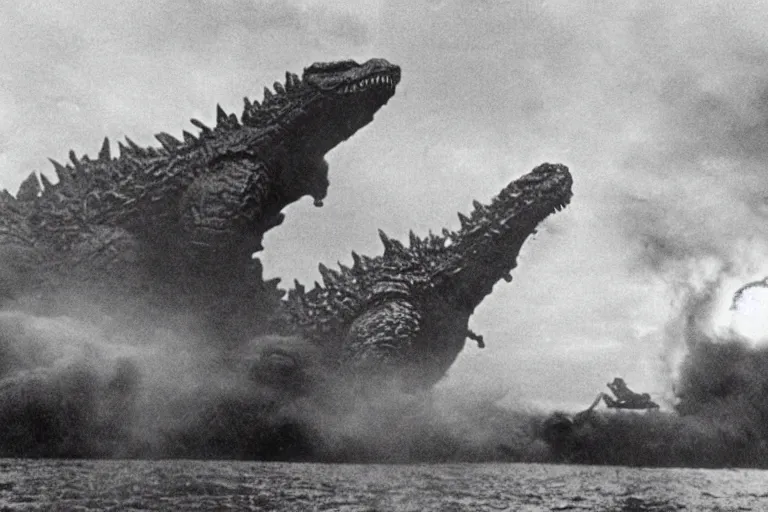 Prompt: film still godzilla! storming the beach of normandy in saving private ryan