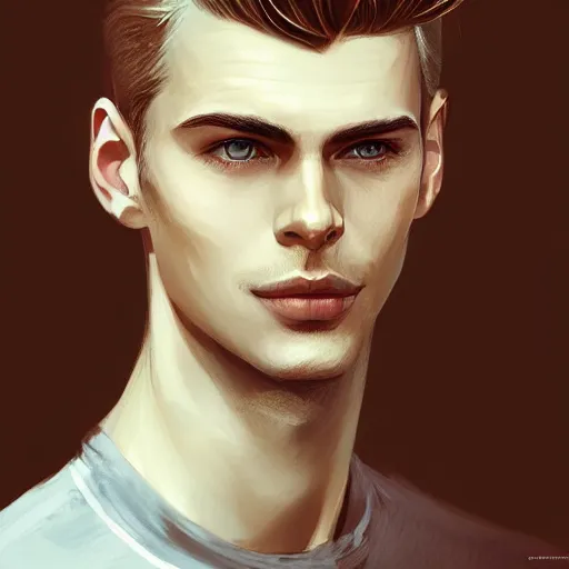 Image similar to tall man in his twenties with brown blond short quiff hair and round facial structure with cleft chin, straight eyebrows, slightly smiling, cheekbones, wider face, shadow of beard, atmospheric lighting, painted, intricate, 4 k, highly detailed by charlie bowater