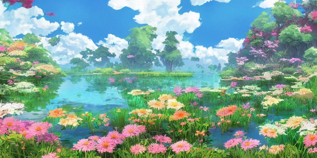 Image similar to a beautiful lake with blooming flowers, fantasy art, 2 d game art, by studio ghibli