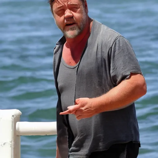 Image similar to Russell Crowe buffed on a little steamboat discovering new countries