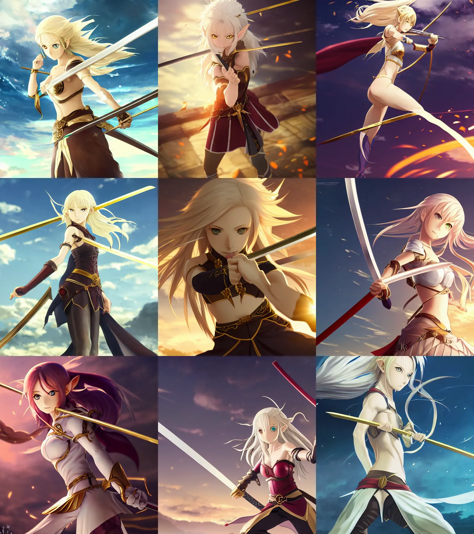 Prompt: renaissance anime brave elf girl with white skin, strong pose, katana in hand, golden hair blowing the wind, strong pose, trending art, dynamic photography, centered, fate zero, extremely high detailed, bokeh color background, studio ghibly makoto shinkai yuji yamaguchi, wlop