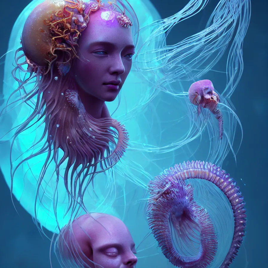 Image similar to goddess close-up portrait. orchid jellyfish phoenix head, nautilus, skull, betta fish, bioluminiscent creatures, intricate artwork by Tooth Wu and wlop and beeple. octane render, trending on artstation, greg rutkowski very coherent symmetrical artwork. cinematic, hyper realism, high detail, octane render, 8k