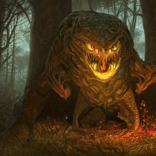 Prompt: Intricate detailed illustration, A terrifying and evil creature found in the woods, cinematic lighting, by Eric Carle, wide angle, volumetric light scattering, 8k, artstation, concept art,