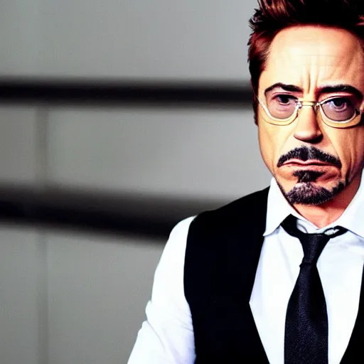 Image similar to Robert Downey Jr. with a very tired and tired face rolls his eyes, in a business black suit crossed his arms, stands indoors, the background is blurred, focus in the foreground, realism, details,