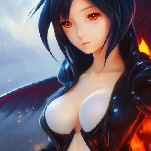 Image similar to an oil painting of a beautiful anime girl with demon wings, by artgerm and greg rutkowski, hd, hdr, ue 5, ue 6, unreal engine 5, cinematic 4 k wallpaper, 8 k, ultra detailed, high resolution, artstation, award winning